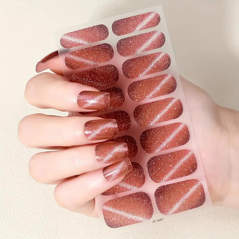 8 Sheets Nail Full Wrap Stickers Pink Nail Glitter Self-Adhesive Gel Nail Sticker for Women Home DIY Nail Supplies Manicure Kit