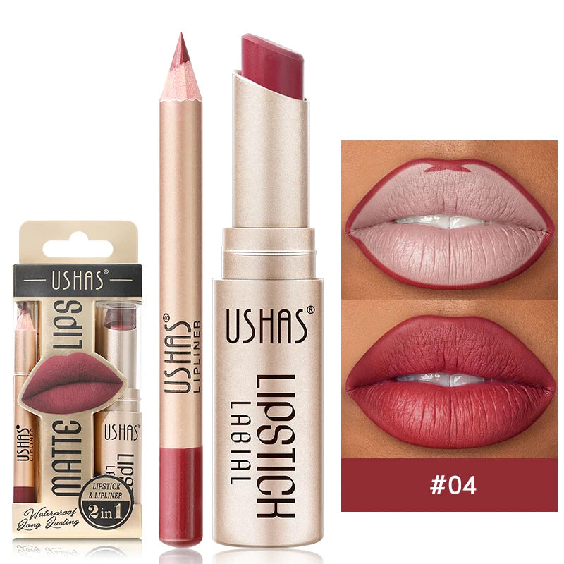 Professional 2PCS Lip Liner Lipstick Set Matte Finish High Pigment Long Lasting Waterproof Sweatproof Cosmetic Beauty Kit