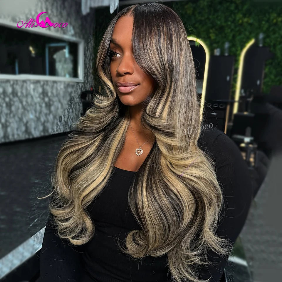 Black and Blonde Highlights 5x5 Lace Closure 180 Density Body Wave Human Hair Wig 13x6 Lace Front Wigs Pre Plucked for Women