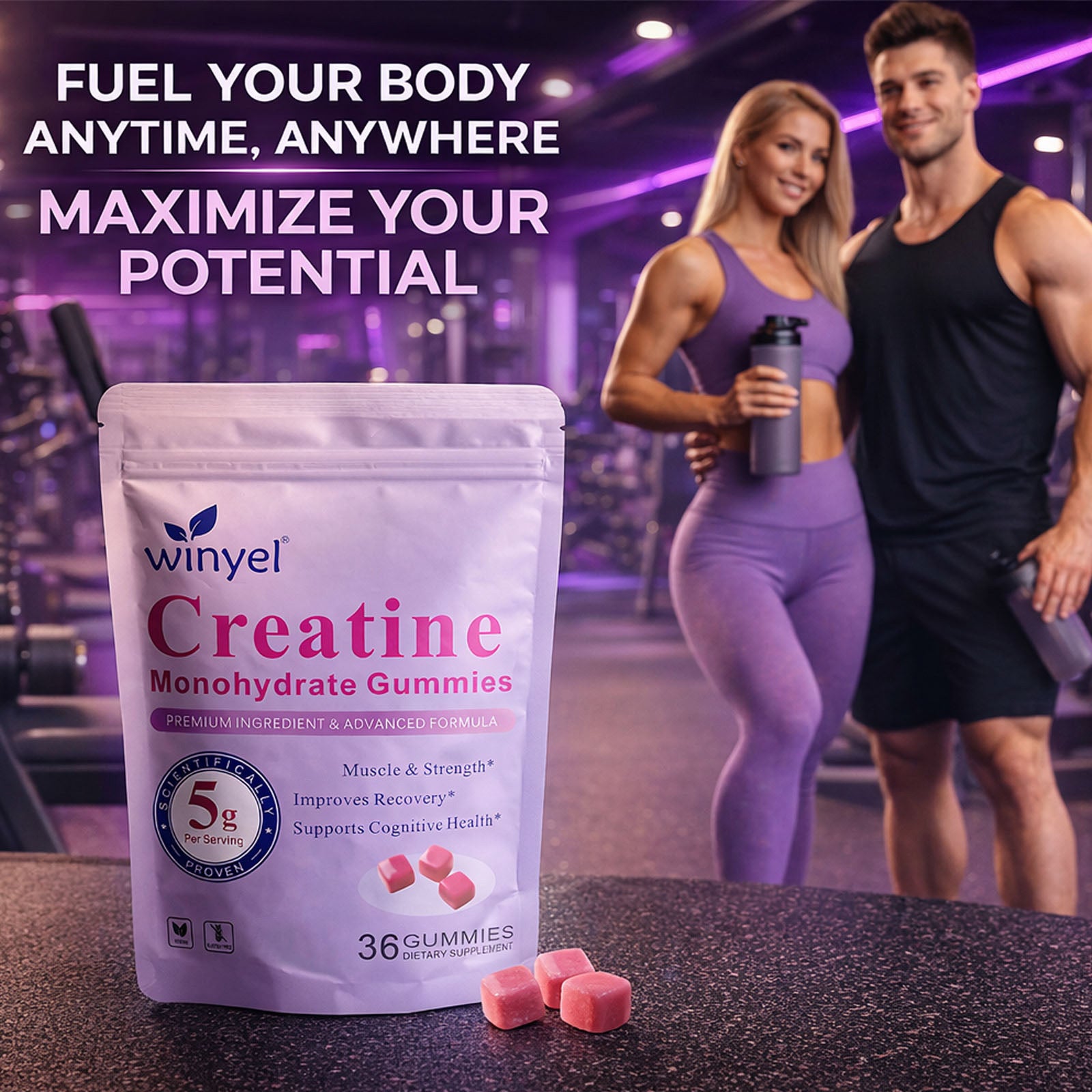 WINYEL Creatine Monohydrate Gummies, 5 Grams Per Serving, Sugar-free Creatine Gummies, Suitable For Workouts, Strength, Cognitive Health, And Muscle Support, Gluten-free, Berry-enhanced, 36 Gummies. H