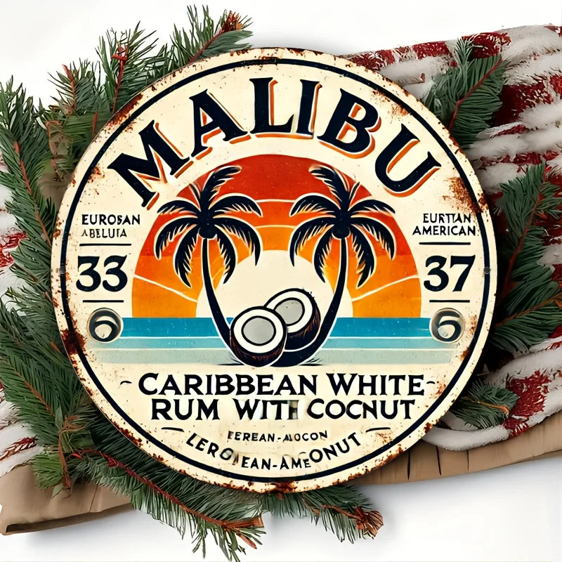 Vintage Malibu Rum Coconut Aluminum Wall Sign - Retro Tropical Decor with Palm Trees & Sunset Design, Perfect for Home, Bar