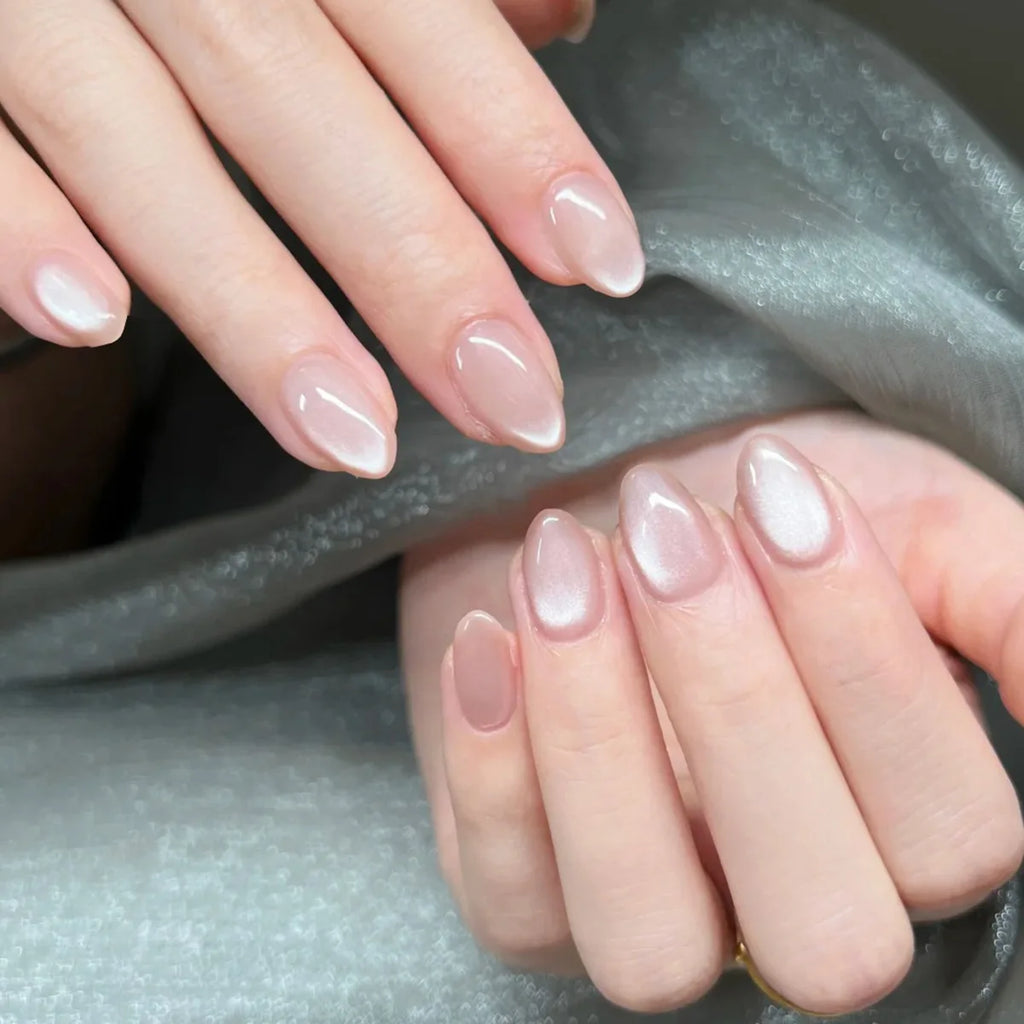 24Pcs Metallic Cat Eye French Sheer Manicure Tip Art Textured 3D Acrylic False Nails Nude Pink Almond Medium Press on Fake Nails
