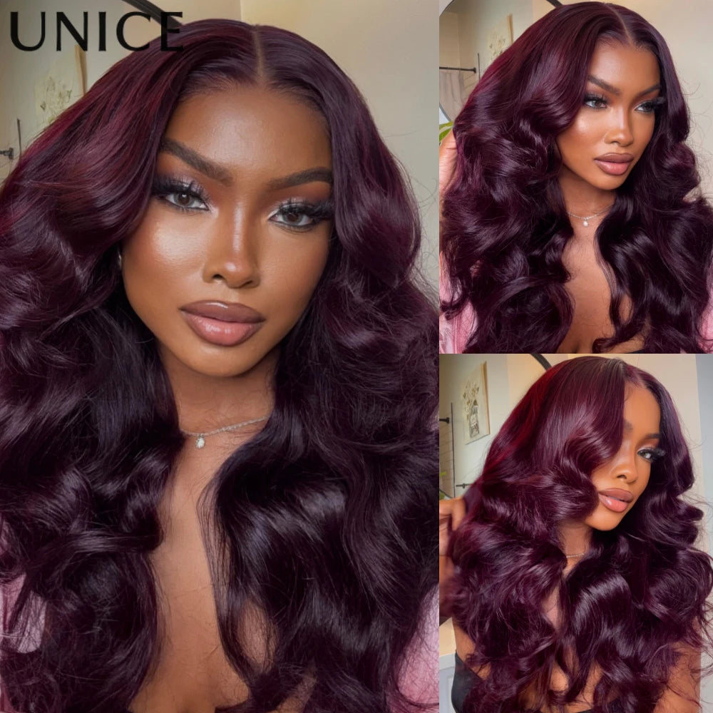 UNice 7x5 & 13x4 Lace Purple Black Cherry Loose Wave Wig With Face-Framing Layers Pull & Go Drawstring Glueless Human Hair Wig