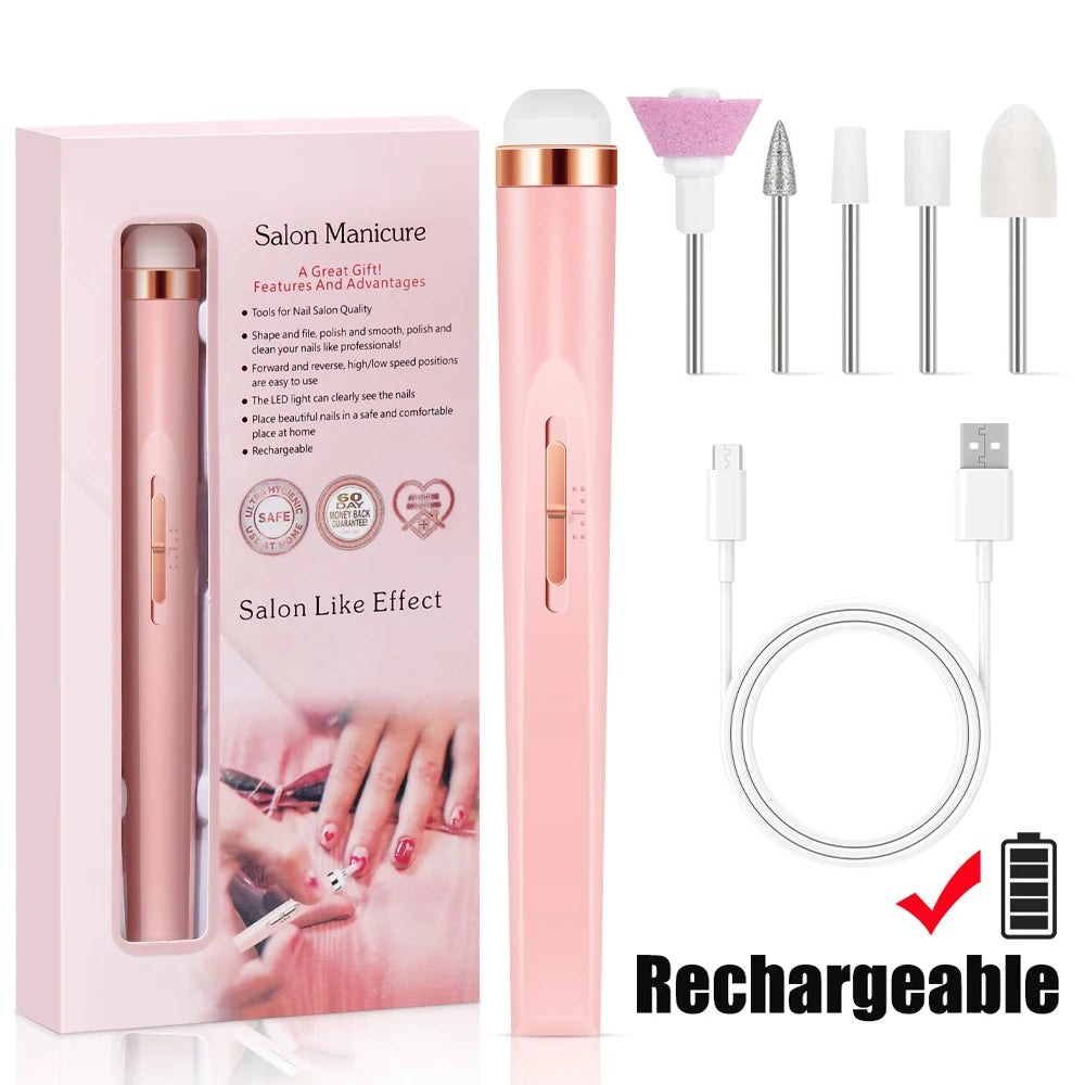 YIKOOLIN Portable Nail File Care Set LED Light Adjustable 4 Speed with 12 Attachment Drill Bits USB Charge Home Use