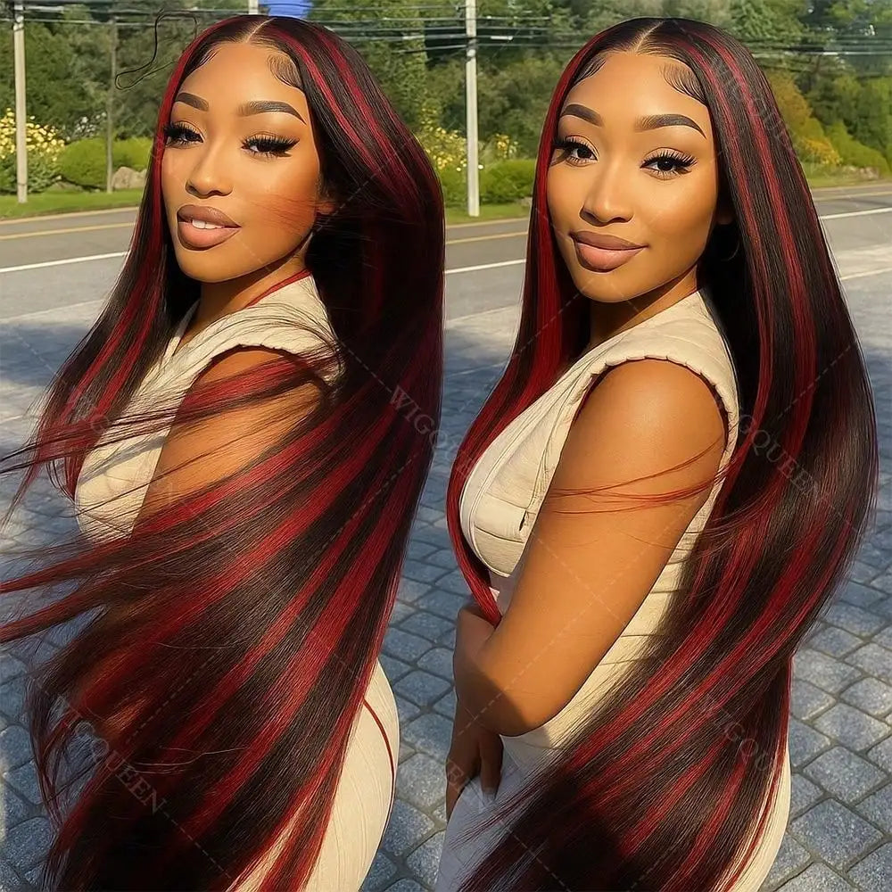 Highlight Burgundy 13x4 HD Transparent Straight Lace Front Wigs Human Hair 200 Density Wigs for Women Pre Plucked Glueless Wigs