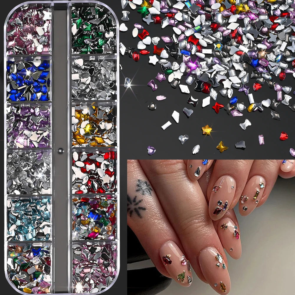 12Grids Ocean Gold Nail Art Charms Shell/Seahorse/Starfish White Half Round Pearl Gems 3D Mixed Punk Manicure Metal Rivets Studs