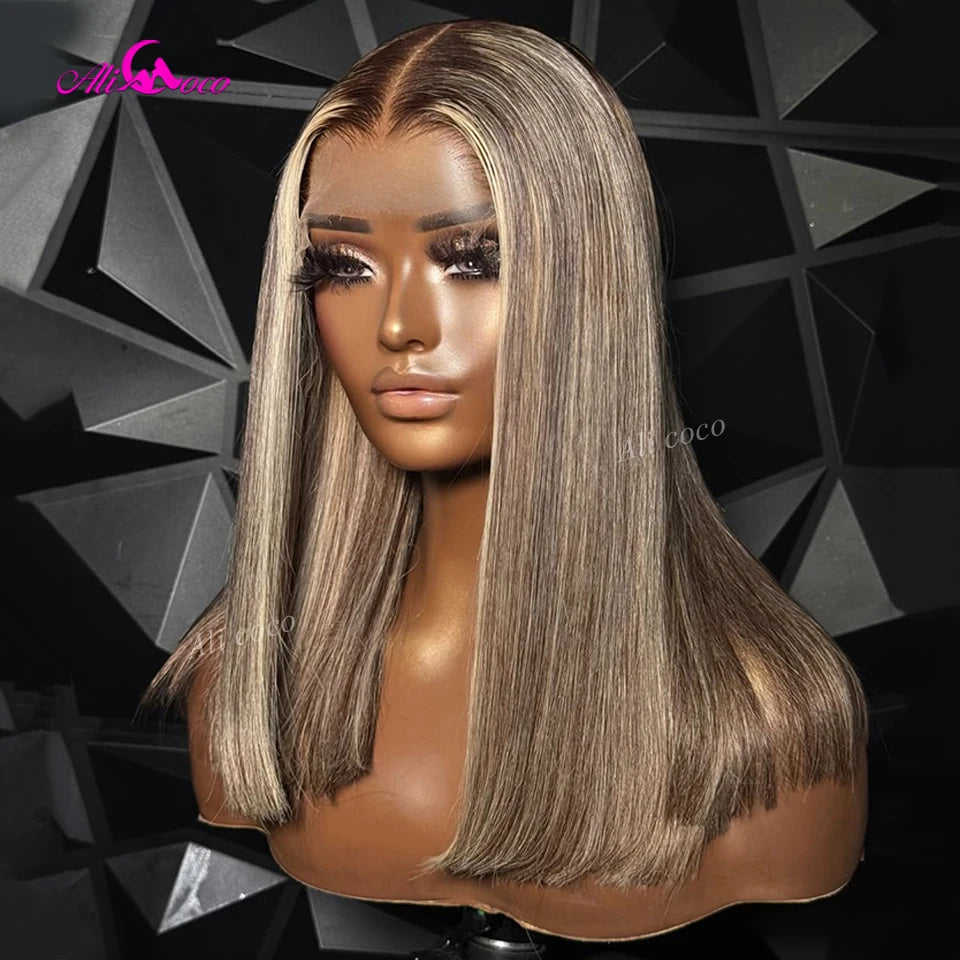 Mixed Highlights Blonde Bob Human Hair Wigs 13x4 Transparent Straight Lace Front Wig 180 Density Short Bob Wig 10-14'' For Women