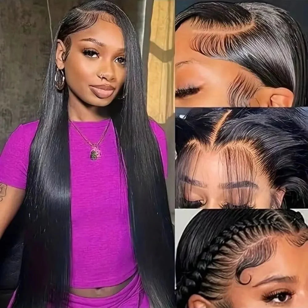 18-46Inch Natural Black Bone Straight 13x6 HD Clear Lace Frontal Wig 200 Density Pre Plucked Natural Edges Glueless Silky Smooth