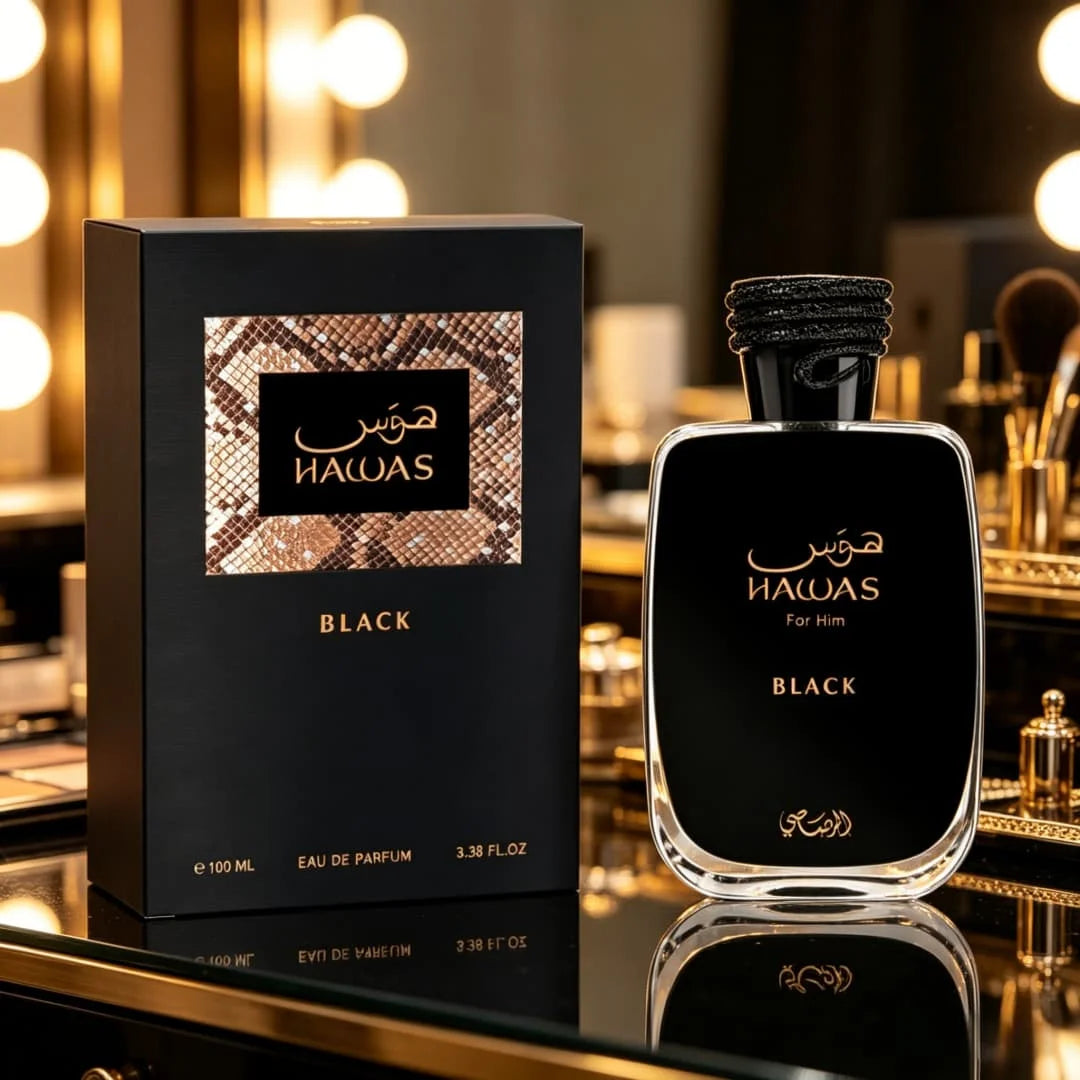 Rasasi Hawas Black EDP | Snakeskin box, bright citrus-woody notes, confident masculine vibe