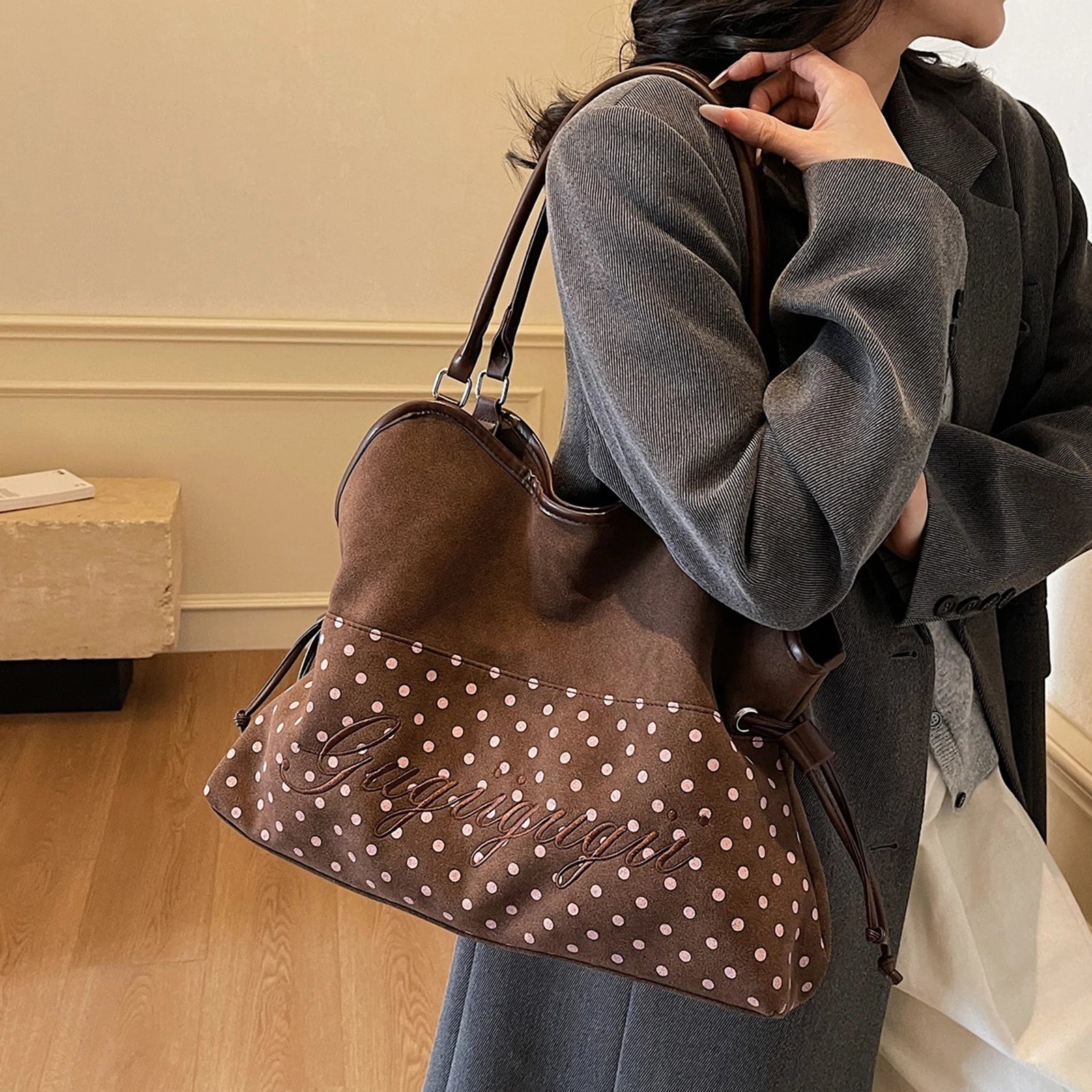 New Brand Women's Shoulder Bag Y2k Fashion Sweet Polka Dot Handbag Korean Casual Versatile Leopard Print Brown Frosted Tote Bags