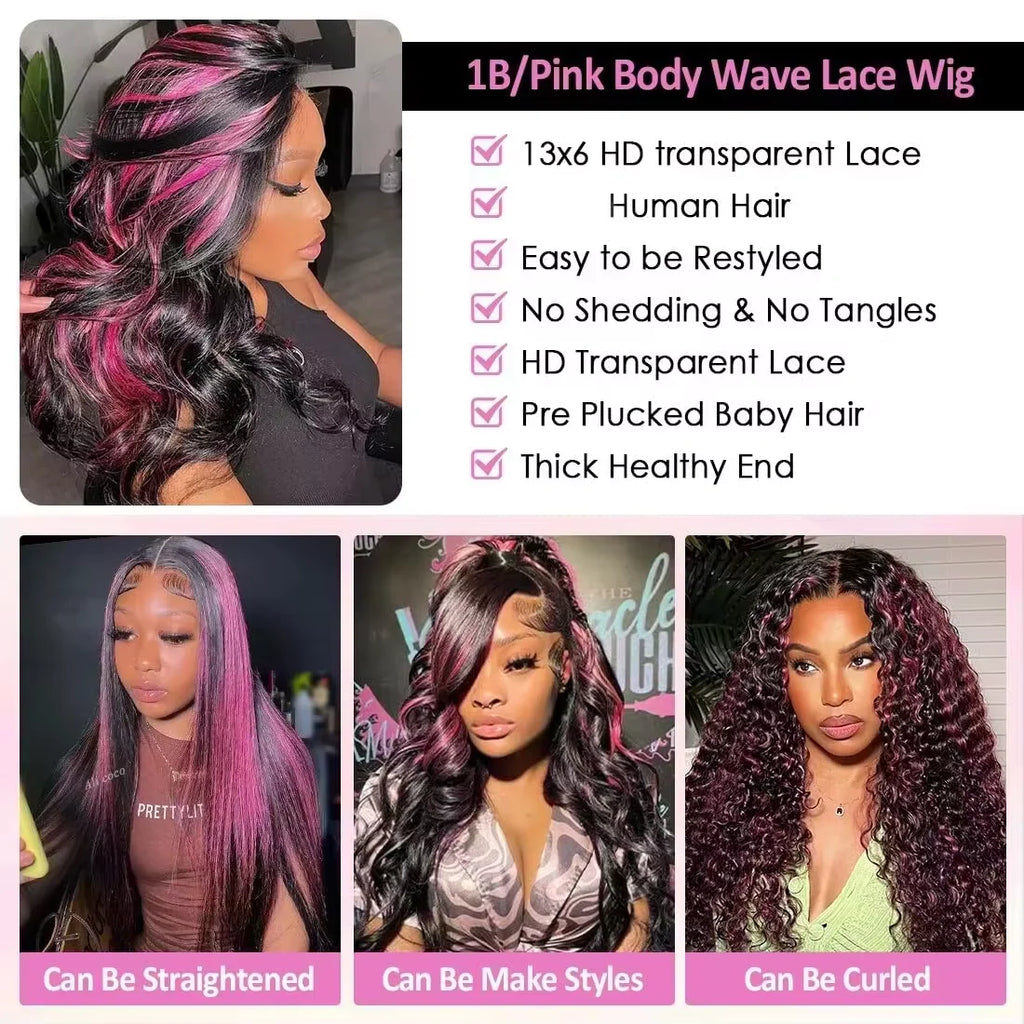 Brazilian 1B/Pink Ombre 13x4 13x6 HD Lace Front Wigs 250% Density Body Wave Highlight Wig Human Hair Pink And Black Colored Wig