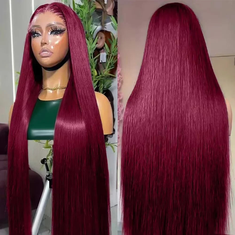 High Density Human Hair 13x4 Lace Front Wig 99j Bone Straight Burgundy 13x6 Hd Lace Frontal Wigs For Women 40 Inch Colored