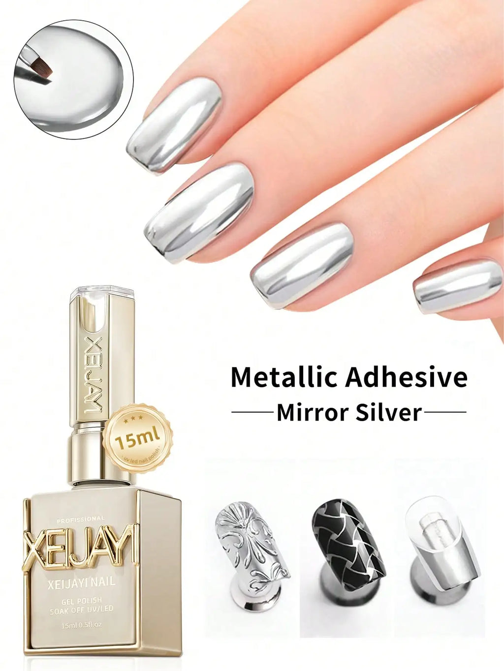 15ML Mirror Silver Metallic Painting Gel Nail Polish Soak Off Gel Nail Polish Silver Mirror Glitter UV Gel For Home Manicure DIY