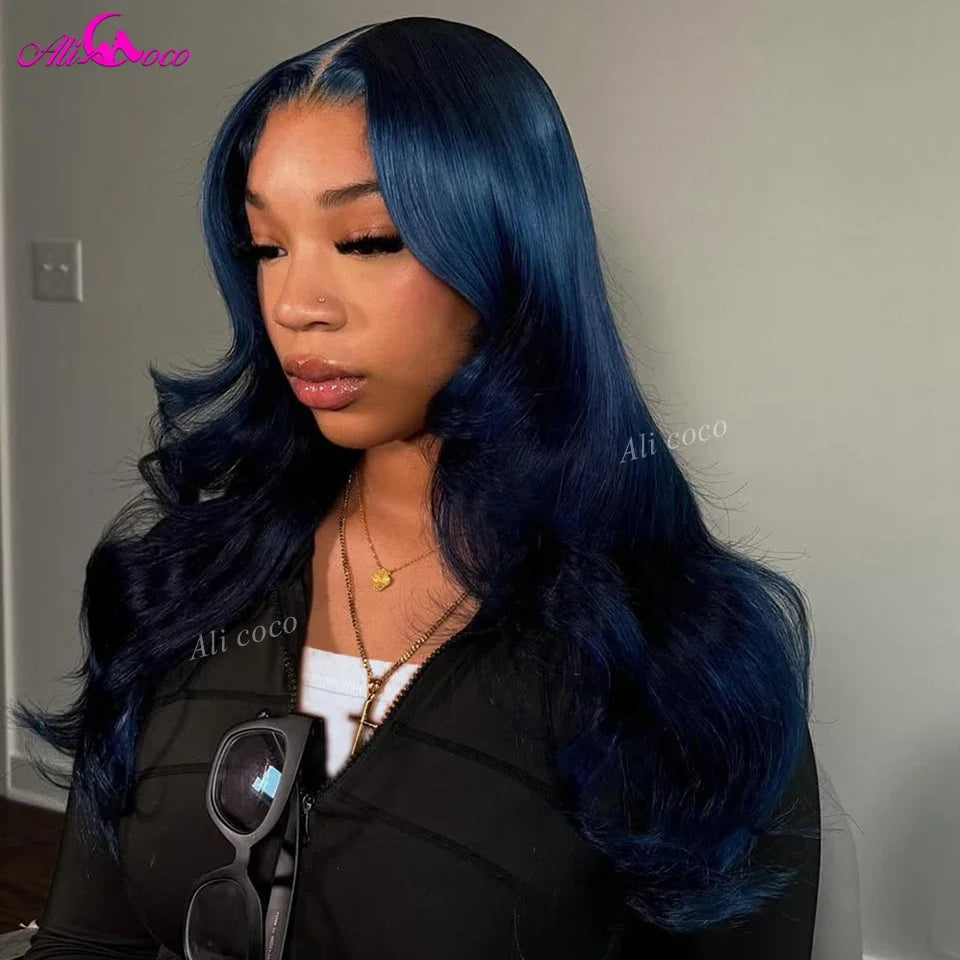 Dark Blue Body Wave Human Hair Wig Transparent 13x6 Lace Frontal Dark Blue Color Pre Plucked 13x4 Lace Frontal Wig for Women