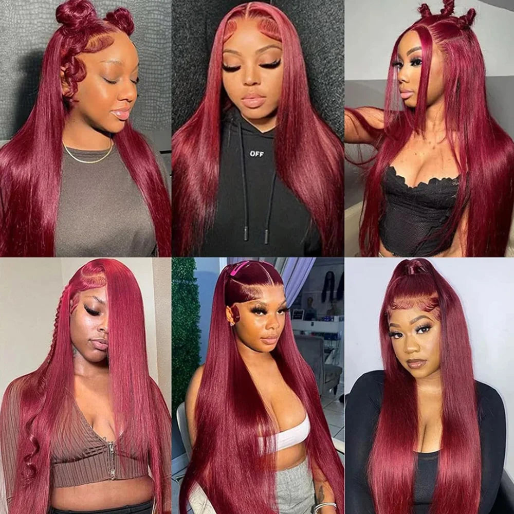 200 Density 99J Straight Lace Frontal Wig Human Hair 13x6 HD Lace Front Wig Pre Plucked Bleached Knots Glueless Wigs 46 Inches