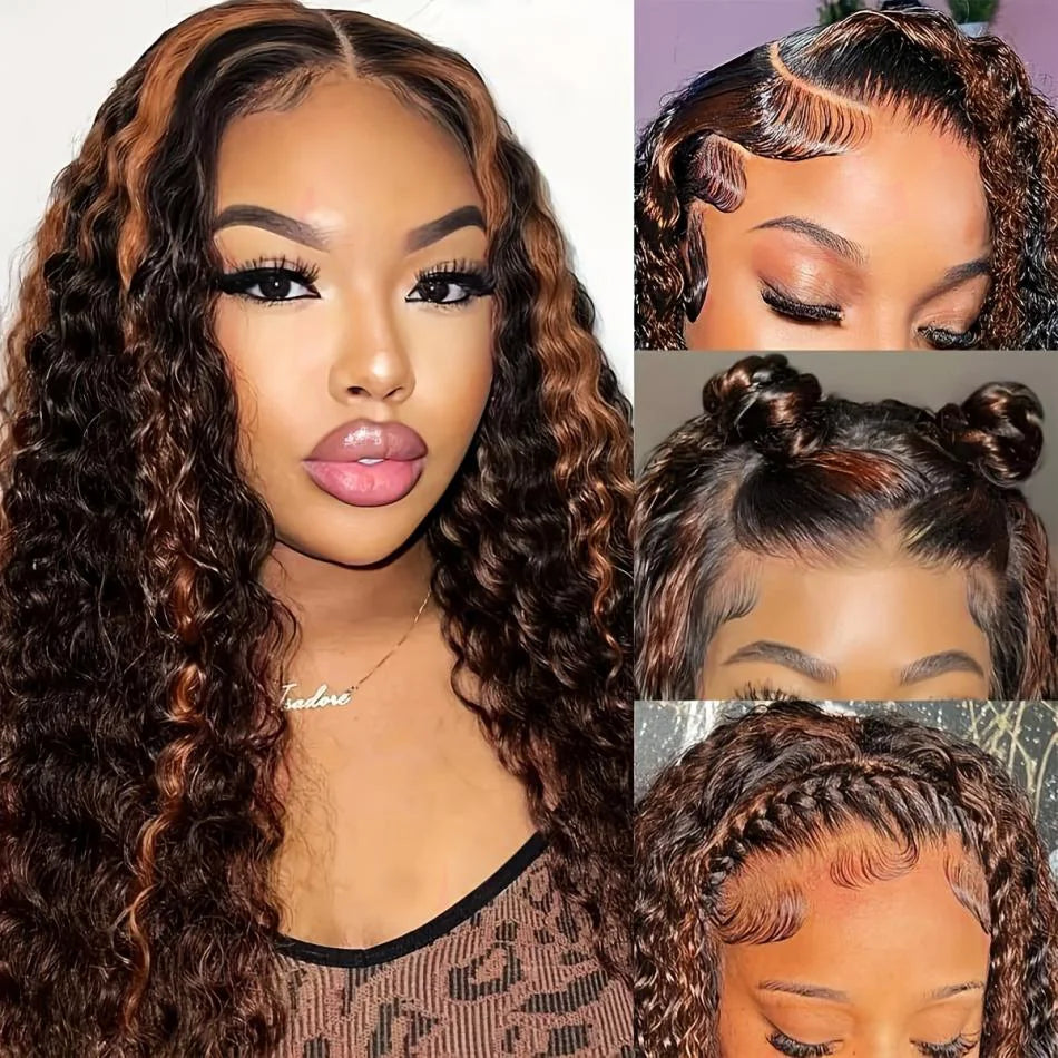 Highlight Ombre Curly Wig Human Hair Honey Blonde Brown 13X6 Hd Lace Front Wigs Deep Wave 1b30 Black Brown 13X4 Lace Frontal Wig
