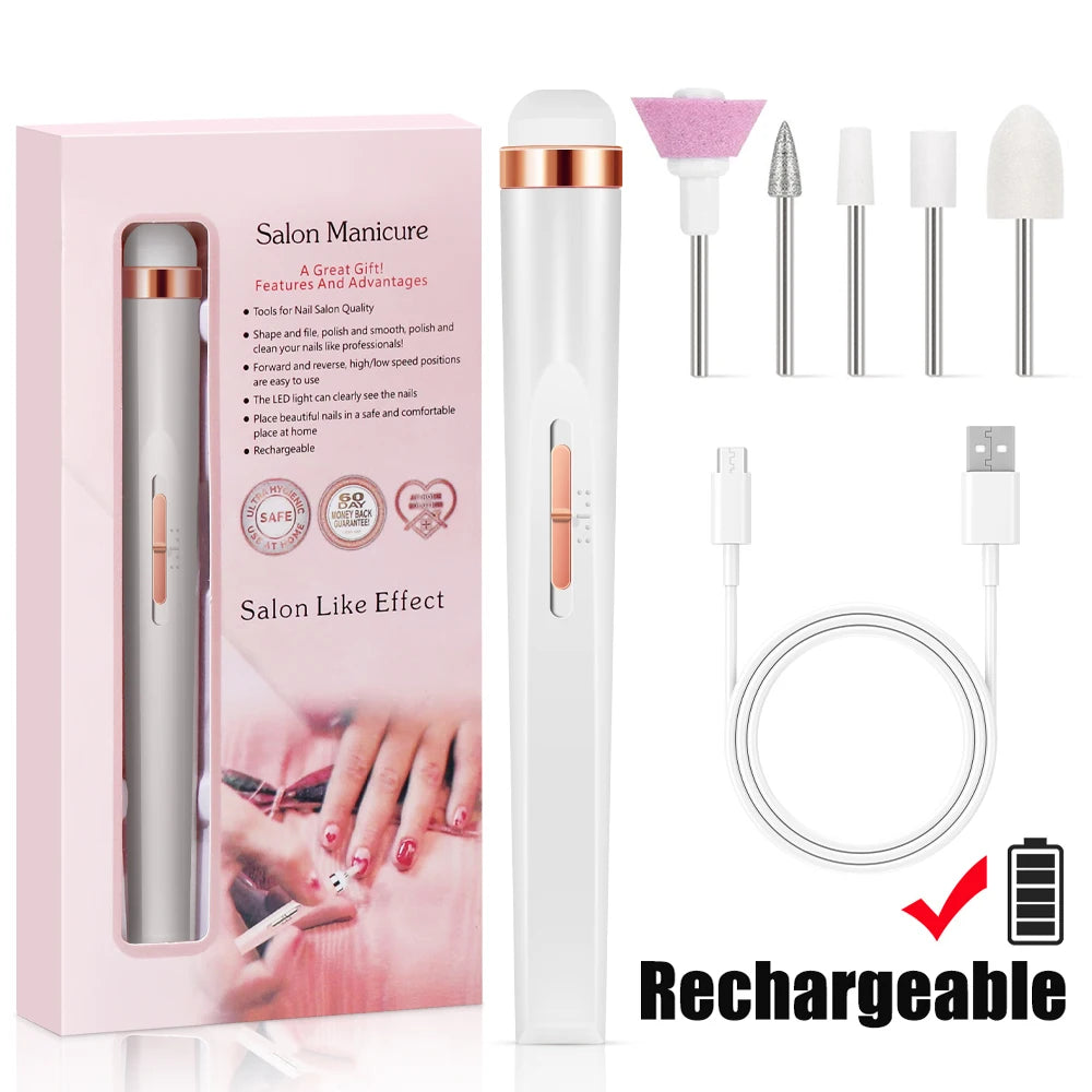 YIKOOLIN Portable Nail File Care Set LED Light Adjustable 4 Speed with 12 Attachment Drill Bits USB Charge Home Use