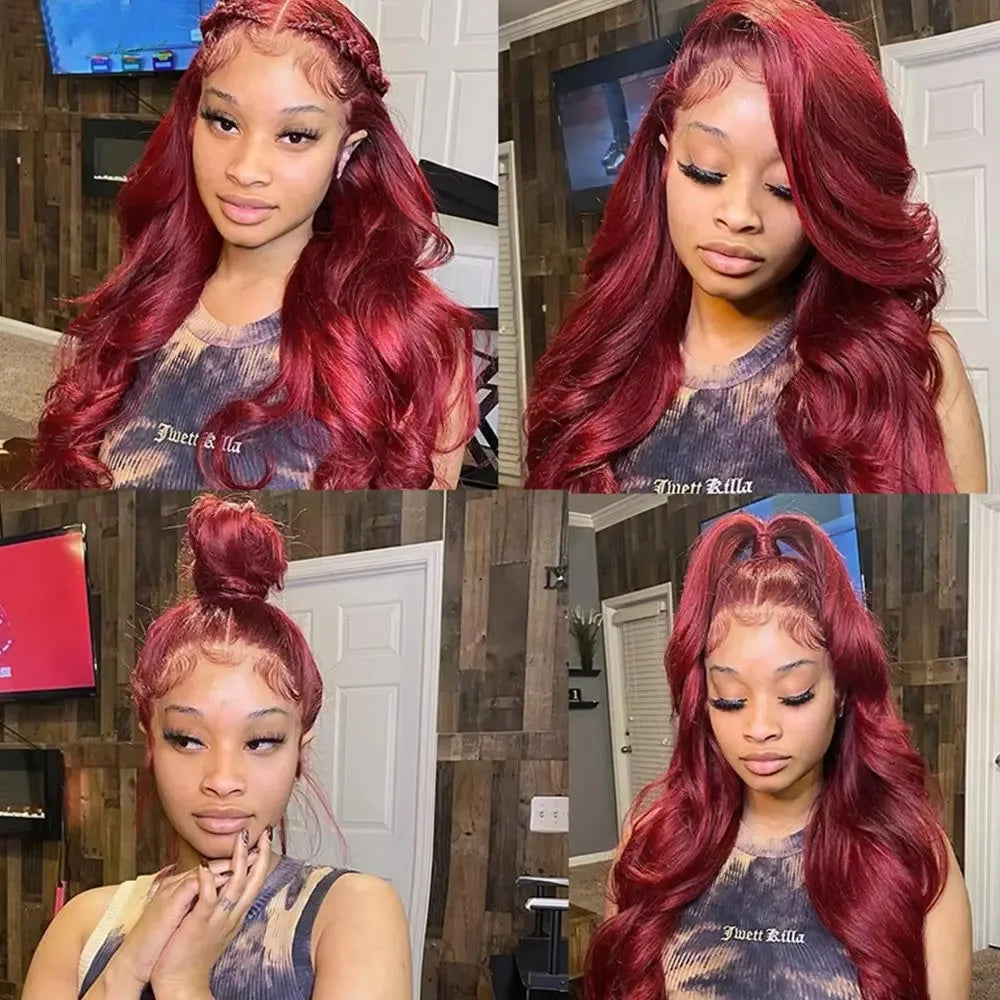 99J Burgundy Lace Front Wig 13x6 HD Transparent Lace Frontal 200 Density Body Wave Pre Plucked Pre Cut Lace Glueless 46 Inches