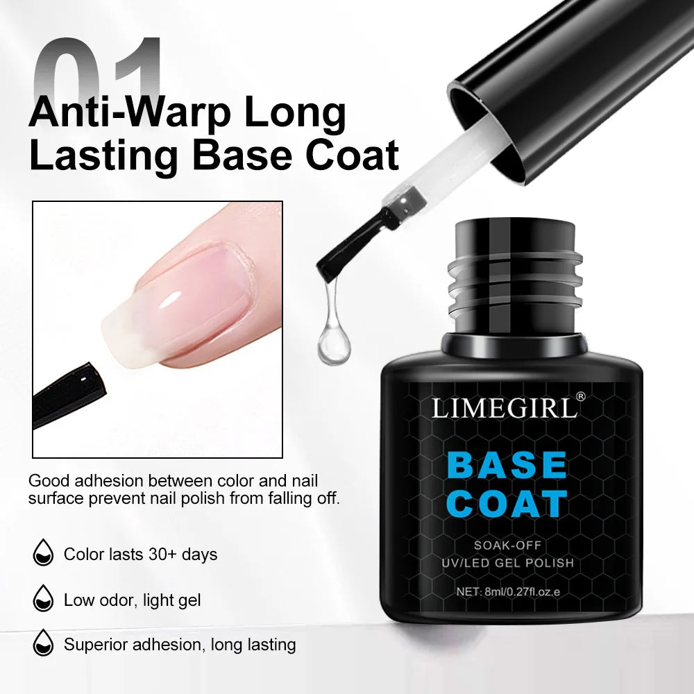 LIMEGIRL 8ml Soak Off Matte Top Base Coat for Nails UV Gel Polish Semi Permanent Functional Manicure Top Base Coat Varnish