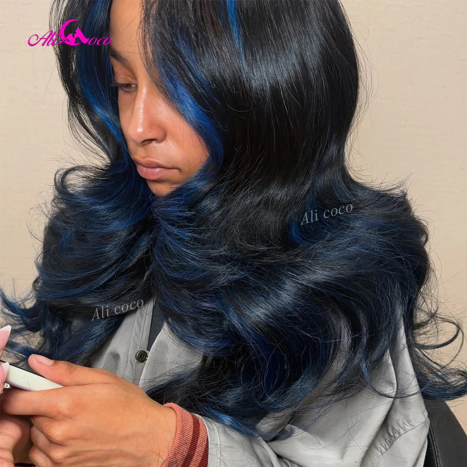 Highlight Sky Blue Human Hair Brazilian Remy Hair 180 Density Closure Pre Plucked Wigs Body Wave Transparent Lace Front Frontal