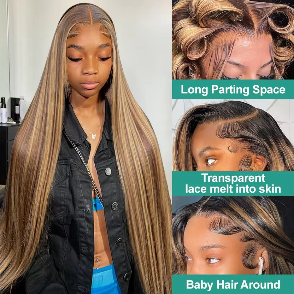 Highlight Straight P4/27 Colored Lace Front Wigs Human Hair 13x6 Brazilian Lace Front Human Hair Wigs Pre Plucked For Women 220%
