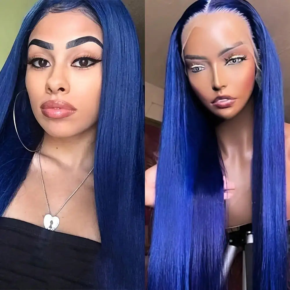 Long Straight Heat Friendly Blue Colored Hair Lace Front Straight Wigs  13x4 HD Blue Synthetic Lace Frontal Wigs for Women