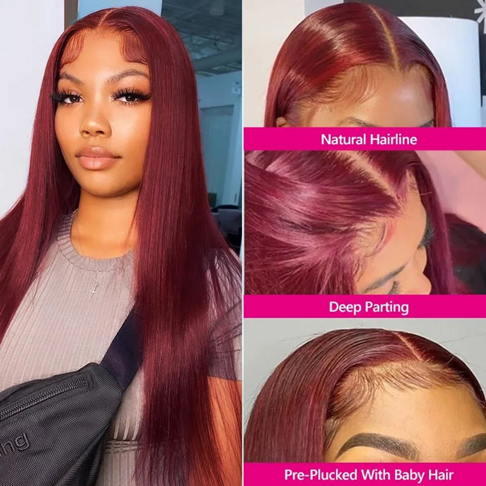 High Density Human Hair 13x4 Lace Front Wig 99j Bone Straight Burgundy 13x6 Hd Lace Frontal Wigs For Women 40 Inch Colored