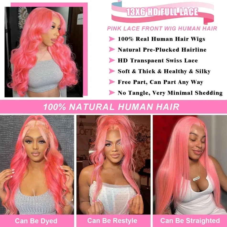 Pink Human Hair Wigs Body Wave 13X6 Hd Lace Frontal Wig 100% Human Hair Colored Lace Front Wig Preplucked Brazilian Hair 38 Inch