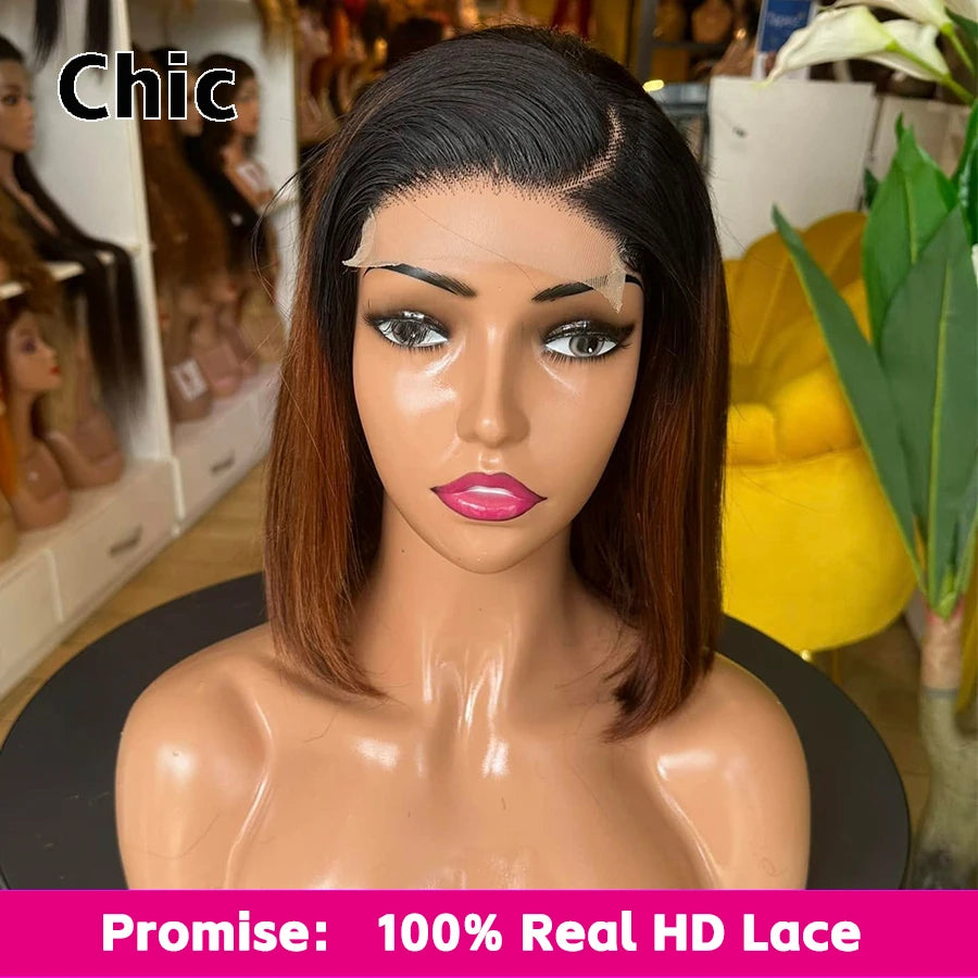 Gd Chic Real HD Lace Wig 100% Human Hair #1B/4 Colored Ombre Straight Short Bob Wig 200gram 5x5 HD Lace Closure Wigs Wear And Go