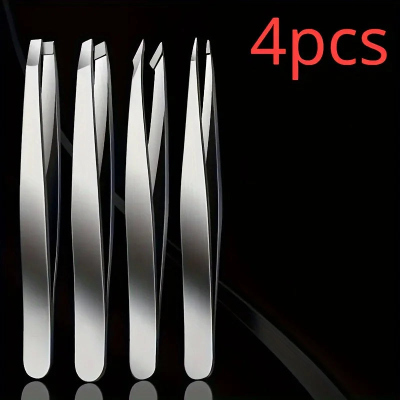4 Piece Professional Tweezers Set Eyebrow Hair Removal, Beard Plucking, Stainless Steel Angled Tweezers Tools Hair Removal Tool