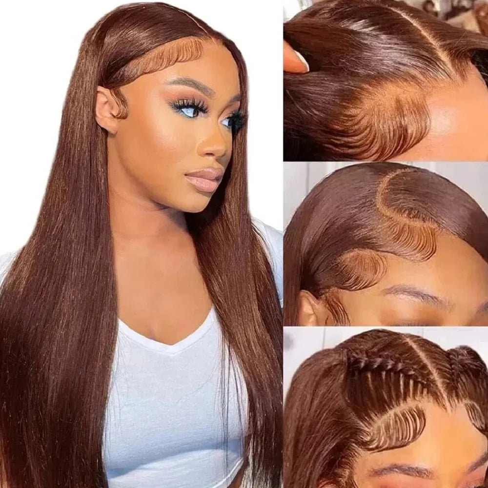 #4 Chocolate Brown Colored Straight Lace Front Wig 200 Density 13x4 13x6 HD Transparent Full Lace Frontal Human Hair Wig 46 Inch