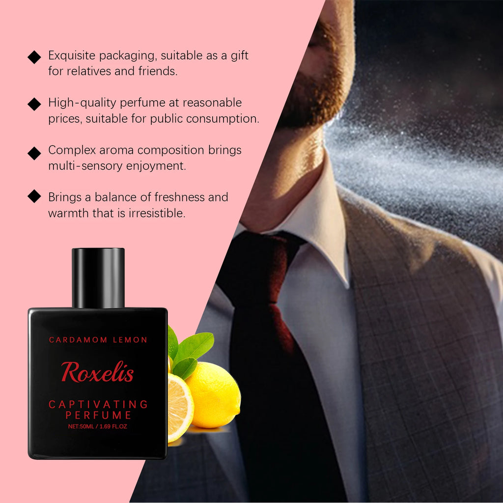 ROXELIS 50 ml Cardamom Lemon Eau de Parfum with a fresh captivating fragrance, blending aromatic cardamom and zesty lemon notes