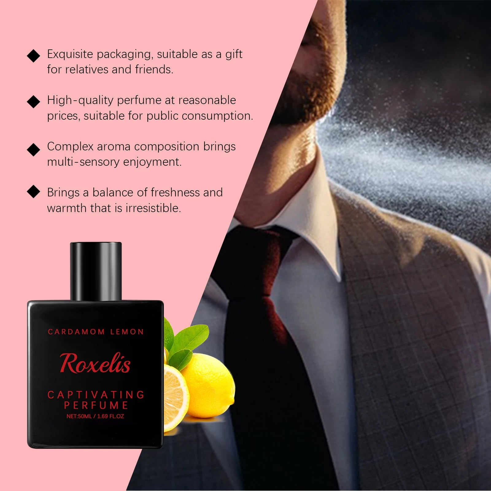 ROXELIS 50 ml Cardamom Lemon Eau de Parfum with a fresh captivating fragrance, blending aromatic cardamom and zesty lemon notes