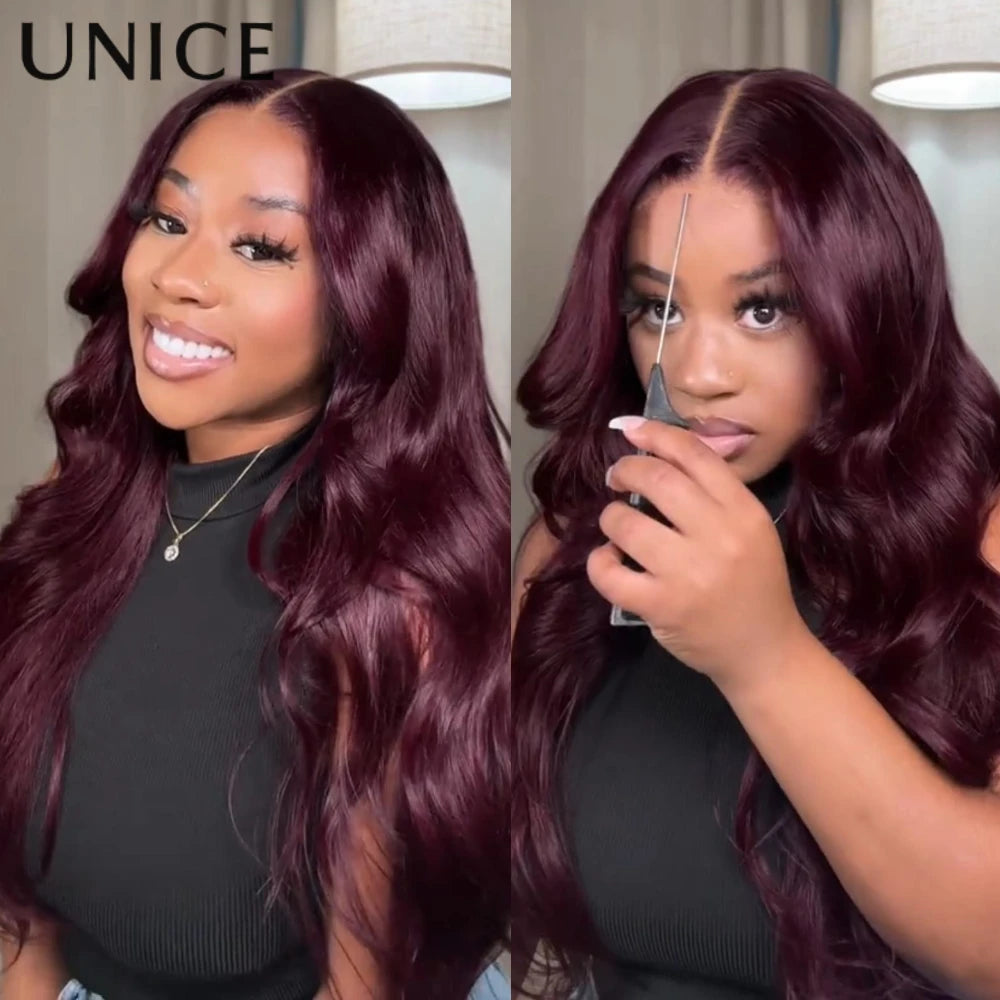UNice 7x5 & 13x4 Lace Purple Black Cherry Loose Wave Wig With Face-Framing Layers Pull & Go Drawstring Glueless Human Hair Wig