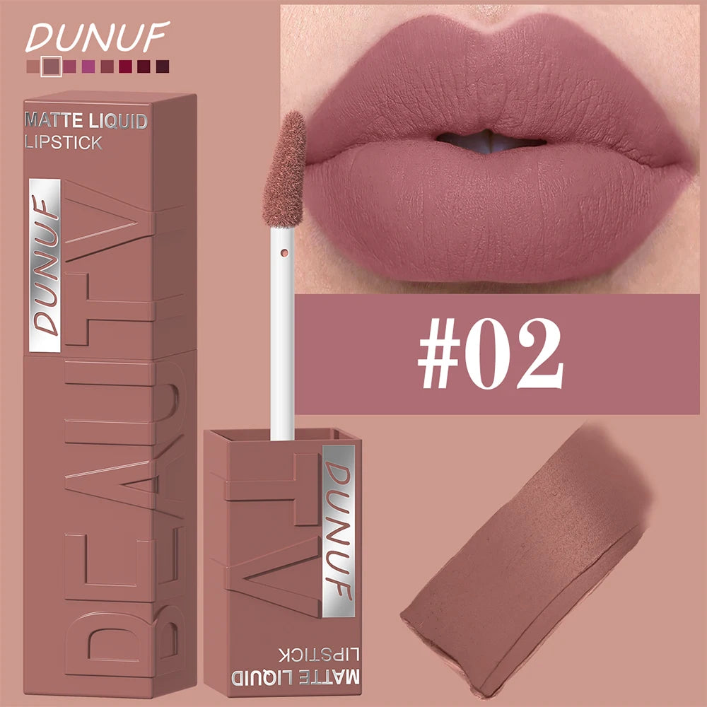DUNUF  8-color matte velvet smooth easy-to-apply square tube lip gloss waterproof three-dimensional plumping lipstick
