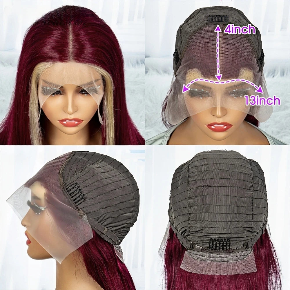 99J/613 Colored Highlight 13x4 Hd Transparent Straight  Lace Front Wigs Omber Blonde With Burgundy Red Human Hair Wigs Brazilian