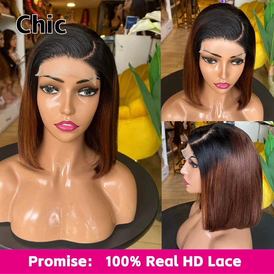 Gd Chic Real HD Lace Wig 100% Human Hair #1B/4 Colored Ombre Straight Short Bob Wig 200gram 5x5 HD Lace Closure Wigs Wear And Go