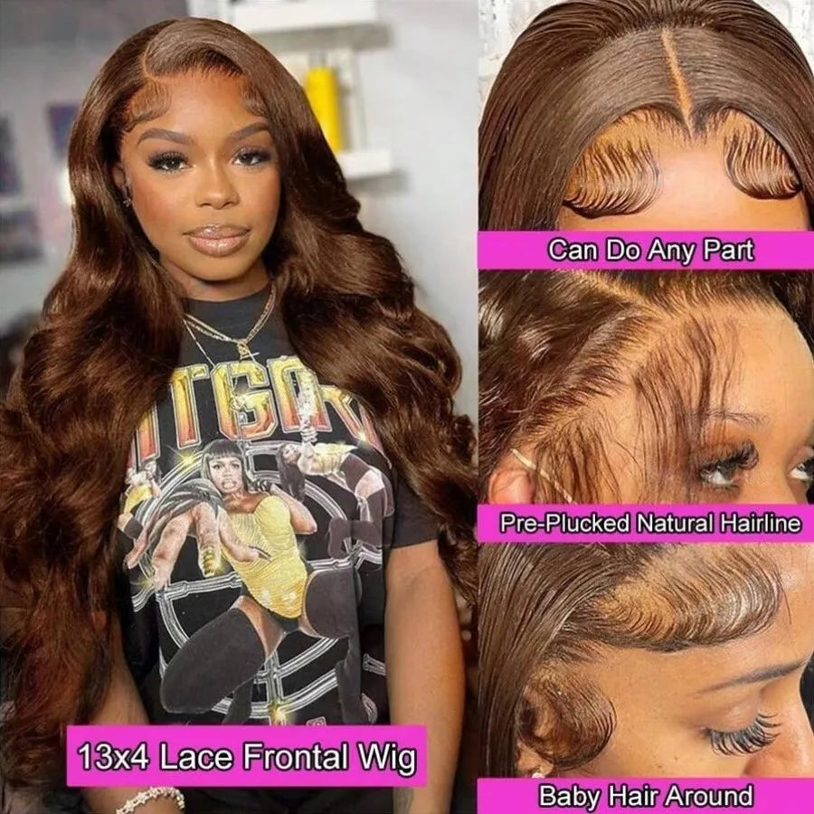 200% Density 13x4 HD Lace Front Wig Brown Brazilian Body Wave Human Hair Lace Frontal Wigs Pre-Plucked Natural Hairline