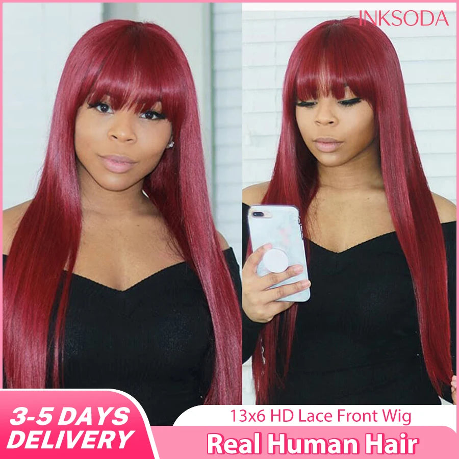 99J Burgundy Lace Front Human Hair Wig 36 Inch Straight Lace Frontal Wigs 13x6 HD Transparent Lace Colored Red Wig For Women