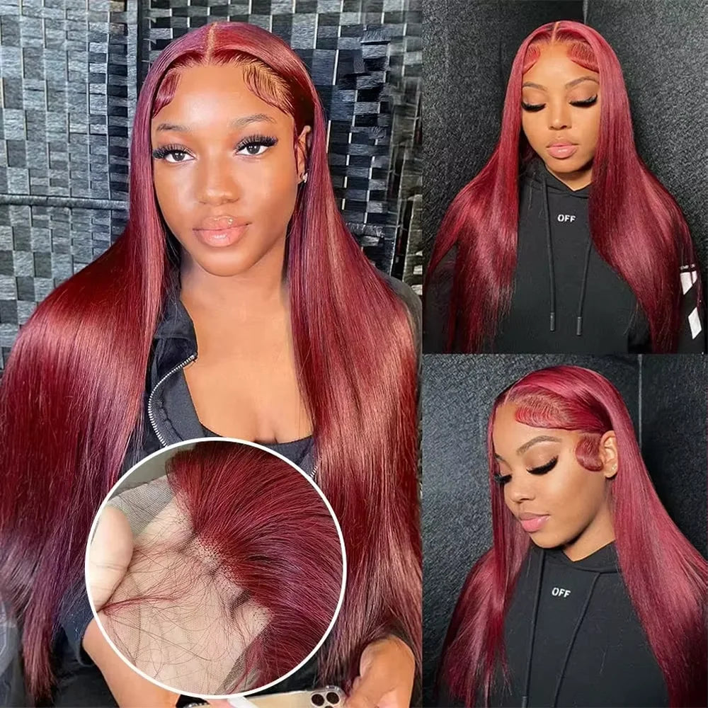 99J Straight Human Hair Wigs Burgundy 13x6 hd Lace Frontal Wig Human Hair Wig 13x4 HD Lace 220 Density Human Hair Wigs For Women