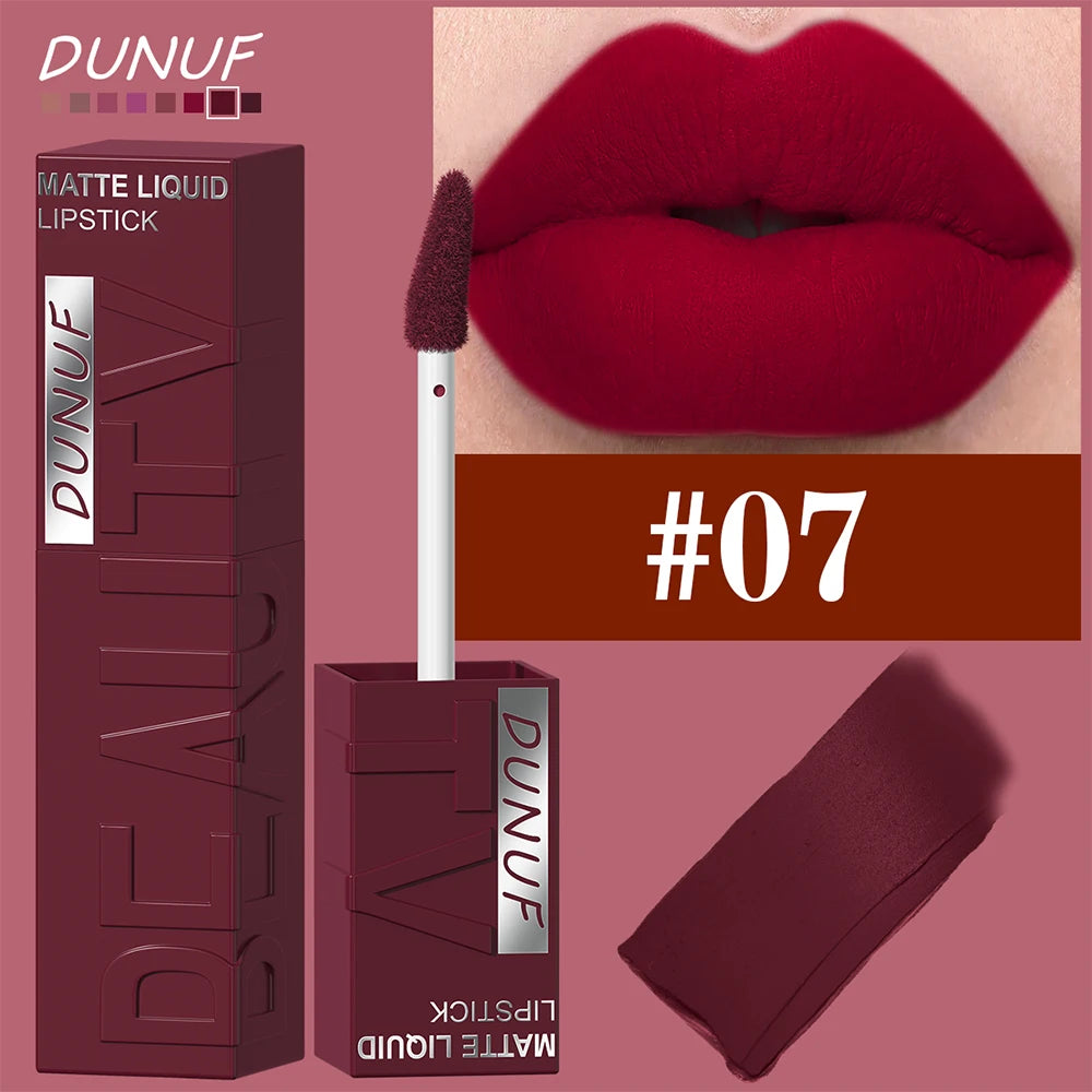 DUNUF  8-color matte velvet smooth easy-to-apply square tube lip gloss waterproof three-dimensional plumping lipstick
