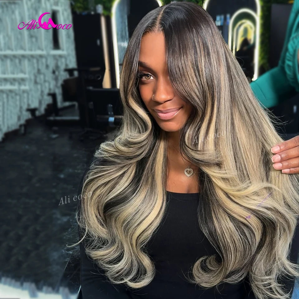 Black and Blonde Highlights 5x5 Lace Closure 180 Density Body Wave Human Hair Wig 13x6 Lace Front Wigs Pre Plucked for Women