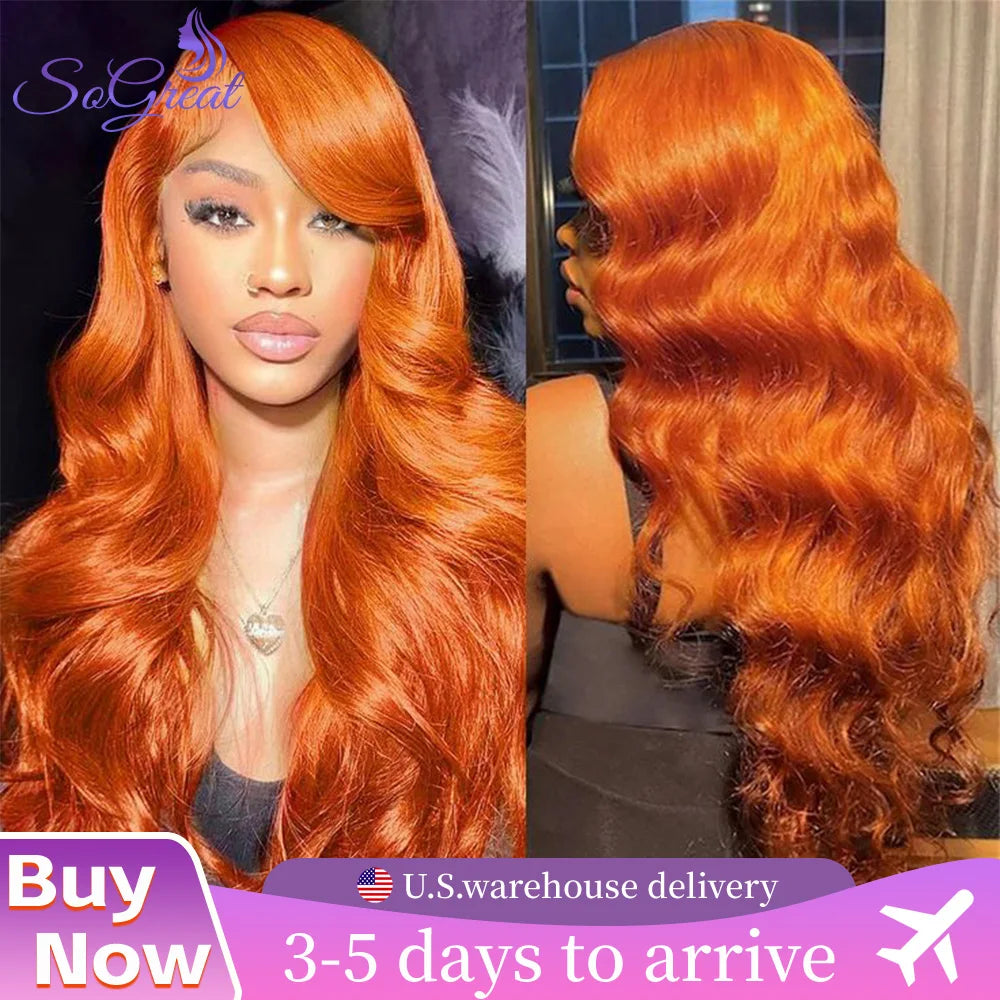 SoGreat 200% Density Body Wave Lace Front Wig 13x6 13x4 Lace Frontal Loose Body Wave 350 Orange Ginger Human Hair Wig Brazilian