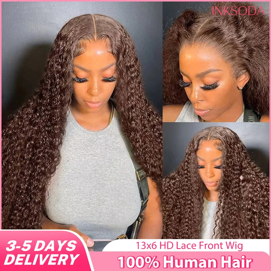 Chocolate Brown 13x6 HD Lace Front Wigs Human Hair 220% Density Curly Lace Front Wigs Human Hair Deep Wave Wigs Human Hair