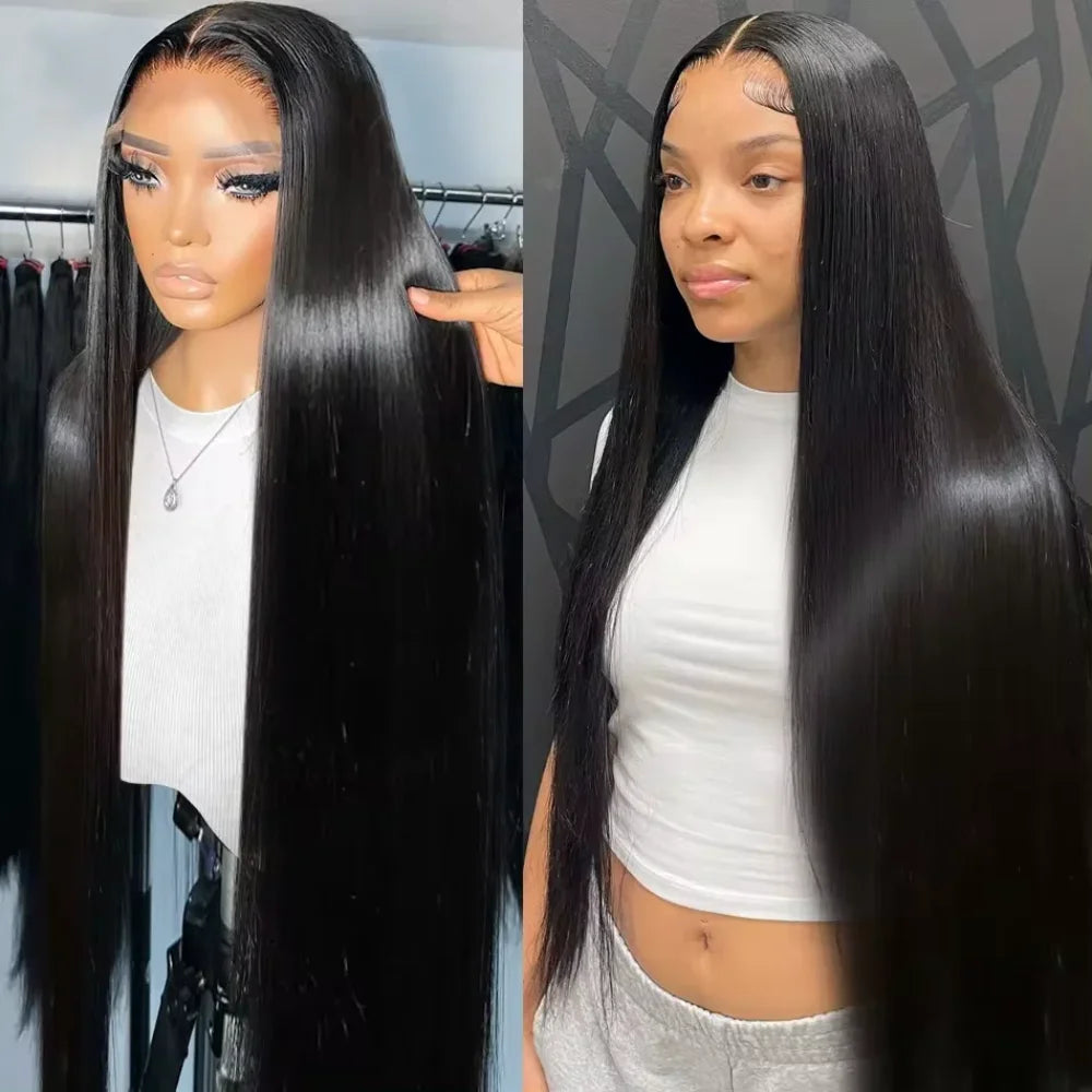 18-46Inch Natural Black Bone Straight 13x6 HD Clear Lace Frontal Wig 200 Density Pre Plucked Natural Edges Glueless Silky Smooth