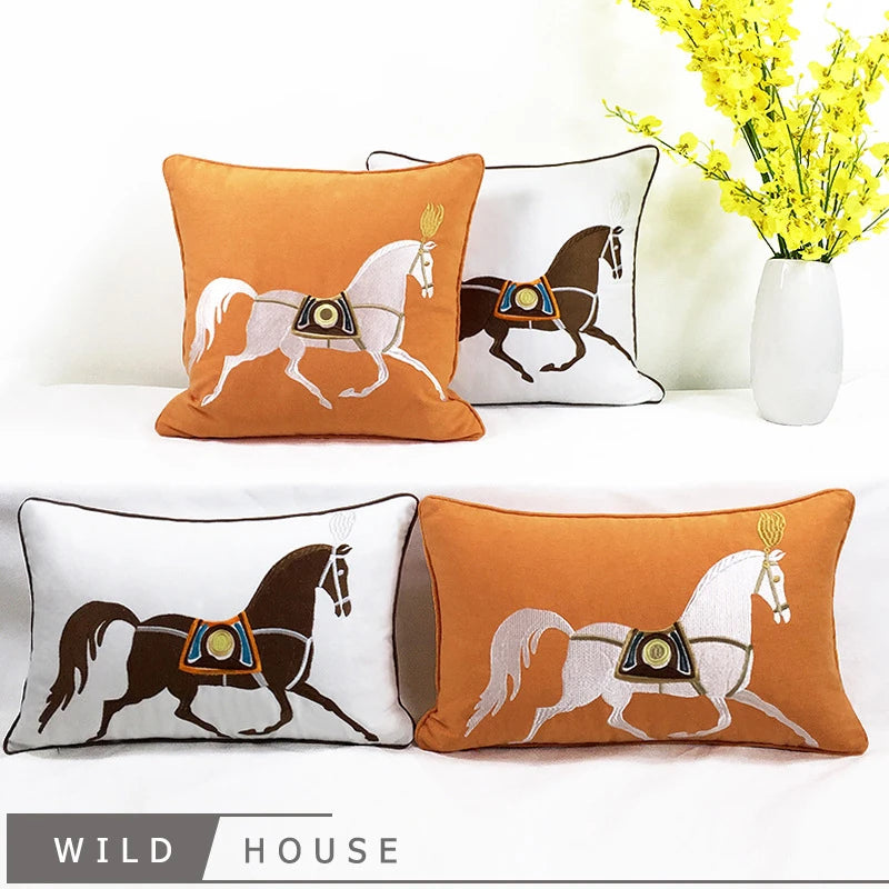45x45cm 30x50cm Throw Pillow Embroidery Cushion Cover Horse Orange Color Luxury White Color Couch Pillow Without Core