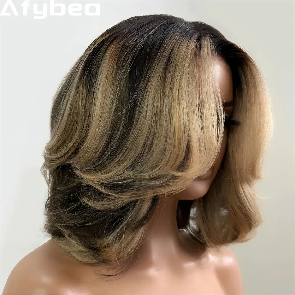 Bob Wig Human Hair Honey Blonde Highlights Layered Wig With Face-Framing Bangs Short 5X5 Hd Lace Closure Wigs For Women 12 Inch
