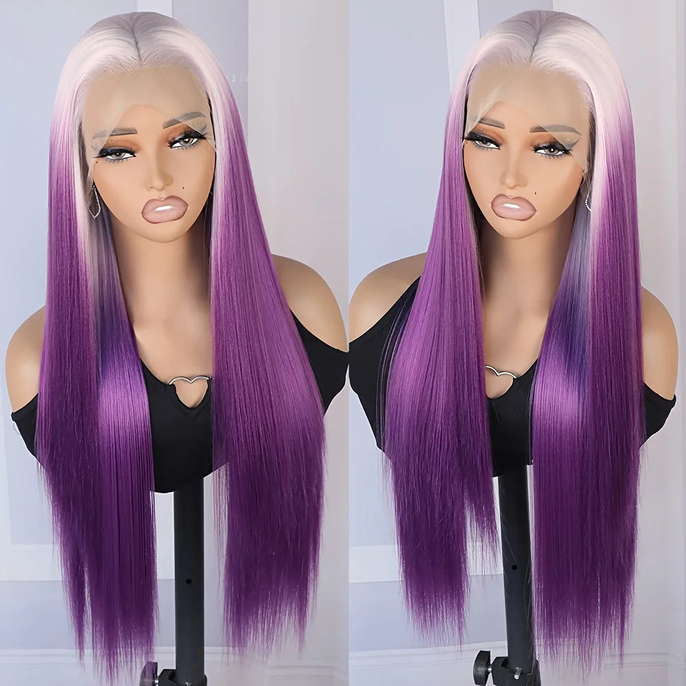 13x4 Ombre Purple Color Synthetic Lace Front Wigs Pre Plucked Natural Hairline White Roots Heat Resistant Fiber for Women Party