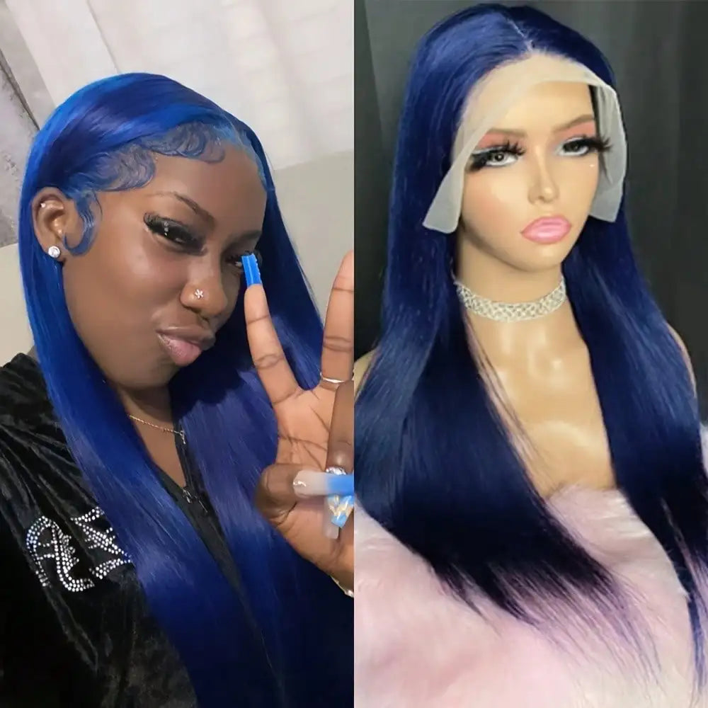 Long Straight Heat Friendly Blue Colored Hair Lace Front Straight Wigs  13x4 HD Blue Synthetic Lace Frontal Wigs for Women