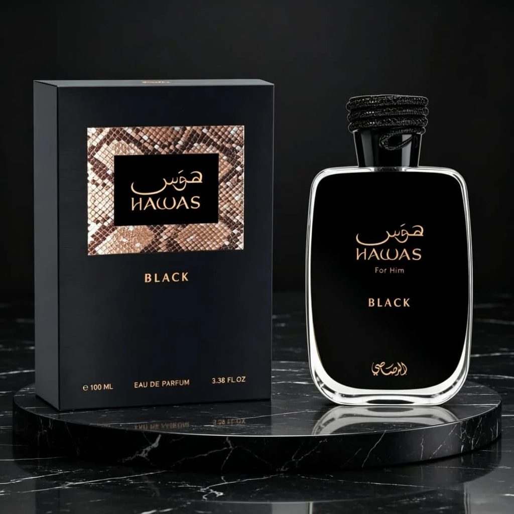Rasasi Hawas Black EDP | Snakeskin box, bright citrus-woody notes, confident masculine vibe